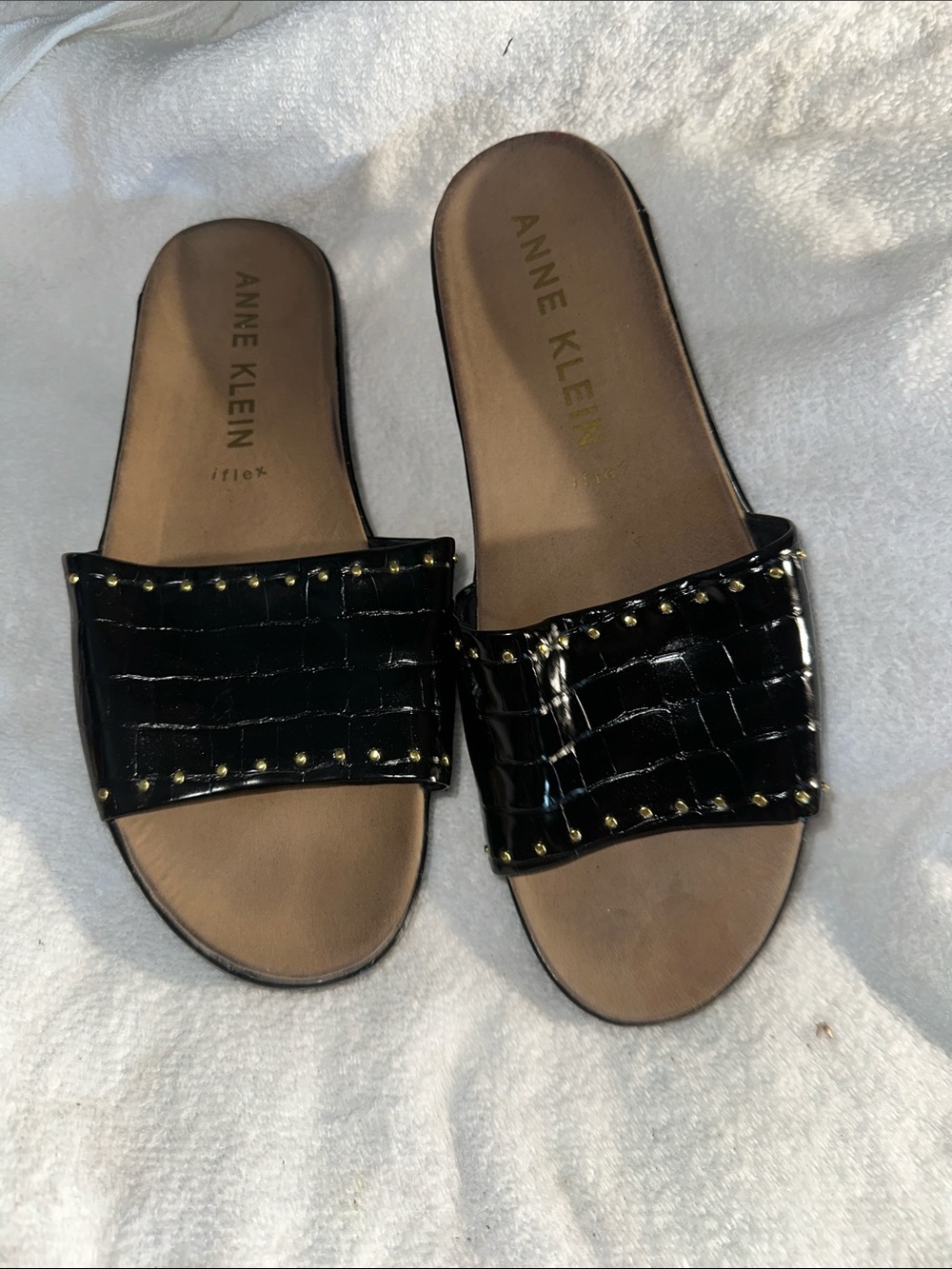 Anne Klein Black Croc-Embossed Slide Sandals with Gold Studs